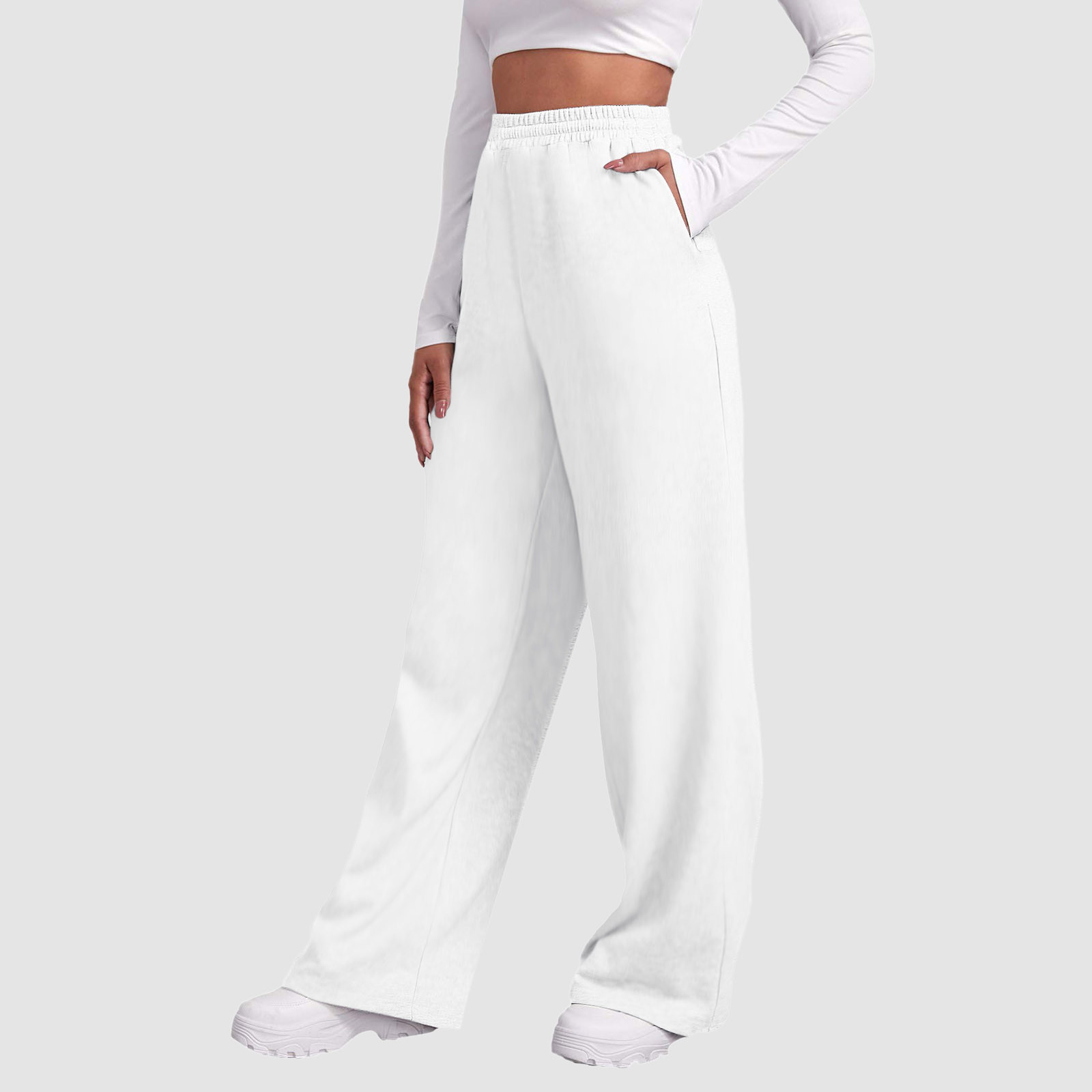 thumbnail image 3 of Pantalones de chándal con forro polar para mujer: cintura alta, pierna ancha y bolsillos; poliéster ligero para primavera/otoño; diseño con lazo delantero; informal/trabajo/yoga; tallas S-XXL., 3 of 7